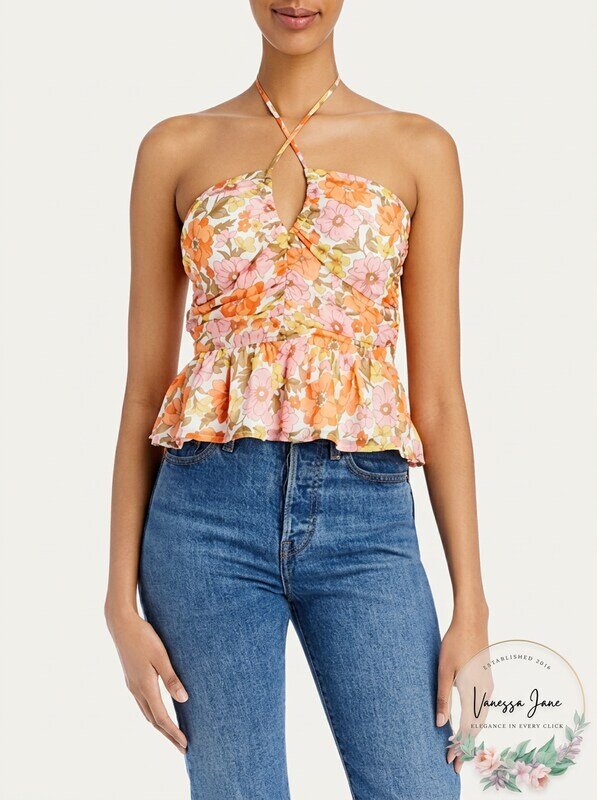 Aqua Retro Floral Halter Top