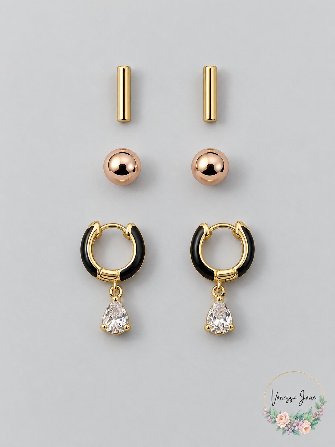 Unwritten 14K Gold Flash Plated 3-Pieces Cubic Zirconia Earrings