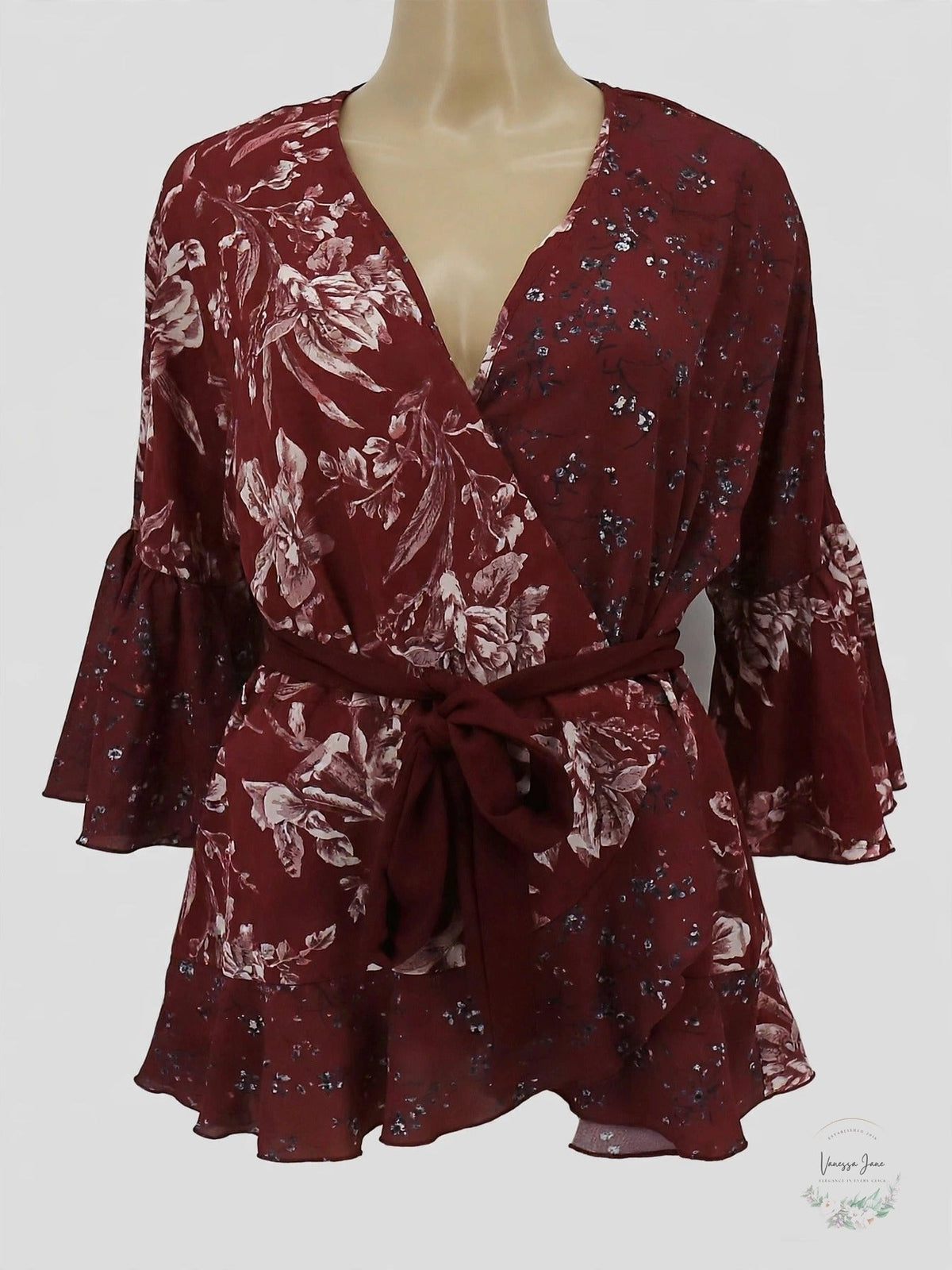 French Connection Womens Ellette Crepe Wrap Blouse, Red, Large