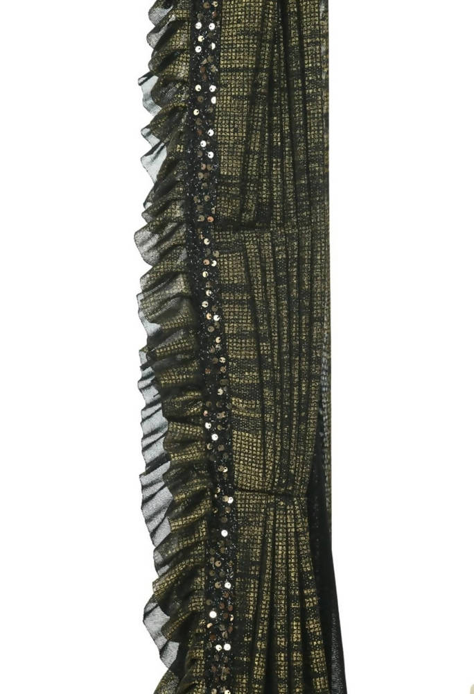 Mominos Fashion All Season Wear Olive Green And Black Ruffled Ready To Wear Saree