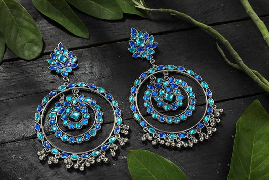 Mominos Fashion Johar Kamal Women's Blue Kundan Circles Earrings