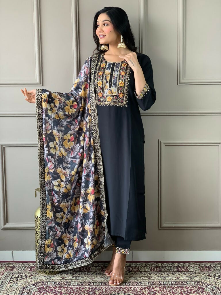 Partywear Designer Viscos Chanderi Black Stitched Suit With Dupatta - Tanisha