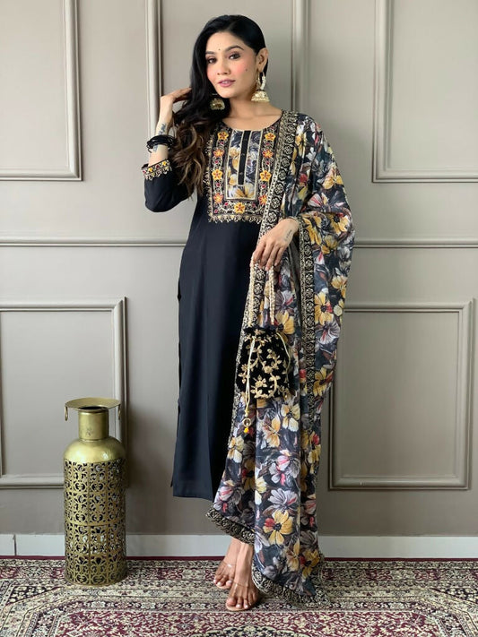 Partywear Designer Viscos Chanderi Black Stitched Suit With Dupatta - Tanisha