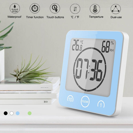 LCD Screen Waterproof Digital Bathroom Digital Bathroom Shower Kitchen Clock Timer with Alarm Waterproof for Water Splashes Visual Countdown Timer Time Management Wall Clock Temperature Humidity Countdown Time Function Wash Shower Hanging Clocks Timer