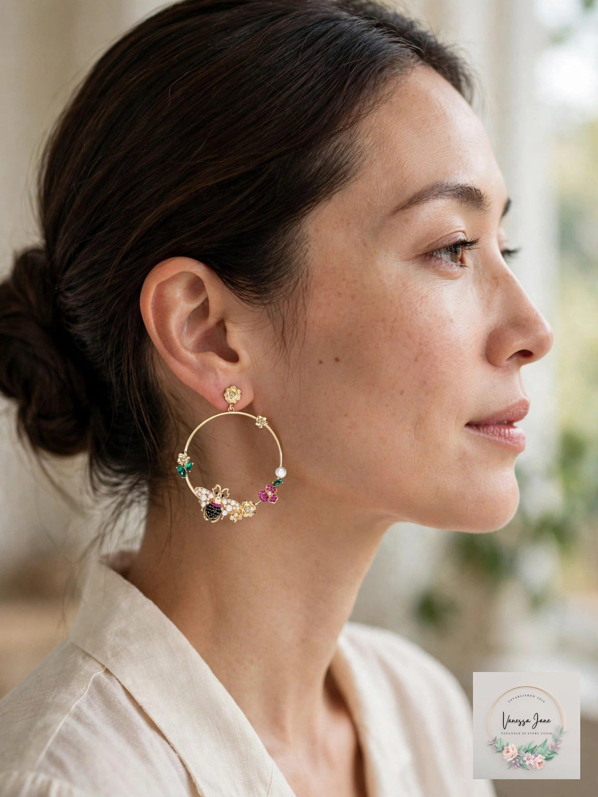 Thalia Sodi Gold-Tone Imitation Pearl & Crystal Bee and Flower Drop Hoop Earring