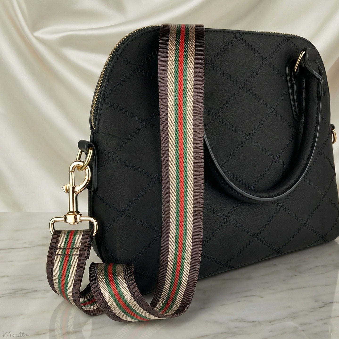 Brown-Beige-Green-Red Stripe Strap - 1.5" Wide Nylon - Adjustable Shoulder to Crossbody Length - Choose Connector Style & Finish