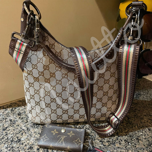 Brown-Beige-Green-Red Stripe Strap - 1.5" Wide Nylon - Adjustable Shoulder to Crossbody Length - Choose Connector Style & Finish