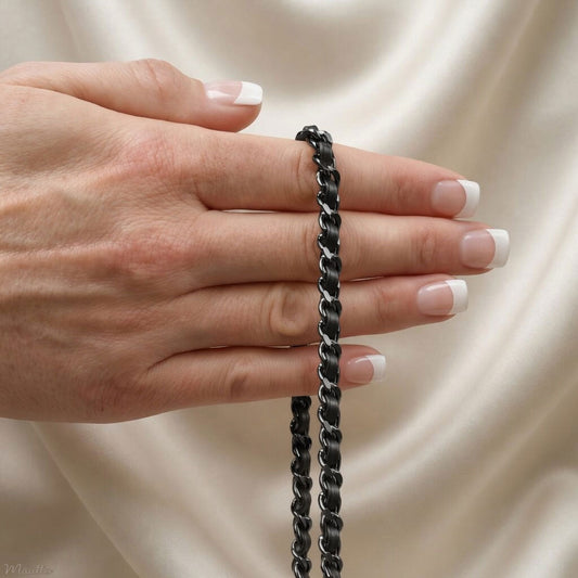 Mini Classic Curb Chain with Diamond Cut Accents, Gunmetal Finish - Black Leather Woven Through - 1/4 inch (7mm) Wide Luxury Strap