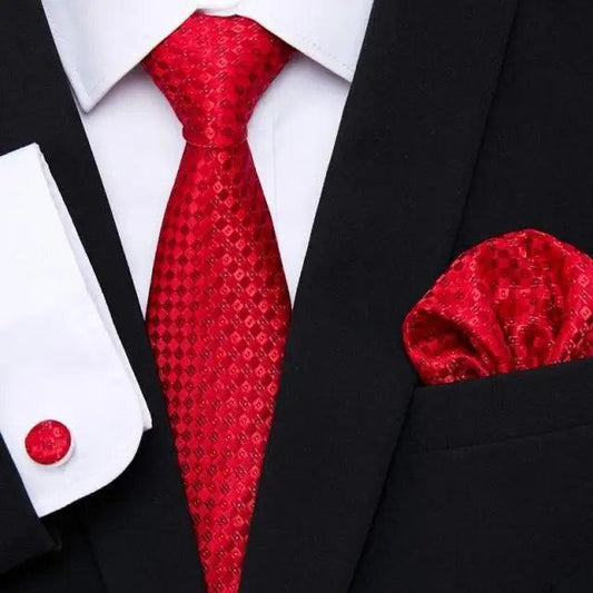 Men Elegant Red Silk Tie Classic Necktie Cufflinks Set Business Necktie With Handkerchief Perfect Match With Wedding Suit