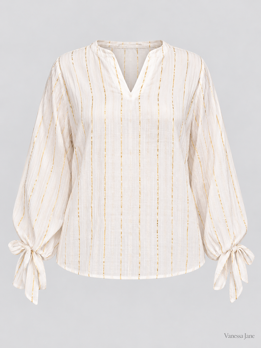 Michael Michael Kors White/Gold Plus Size Metallic Stripe Tie Sleeve Top, 0X