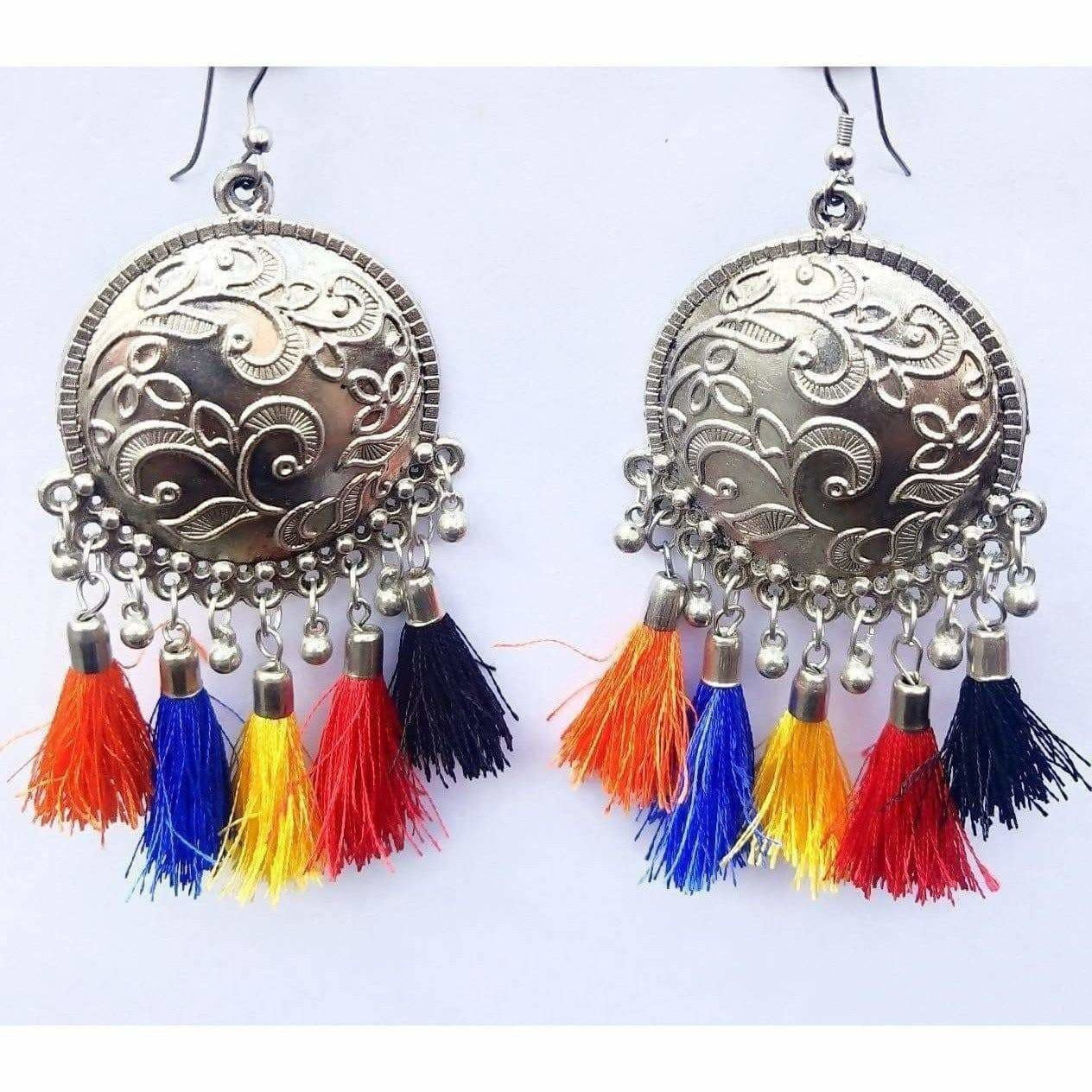 MS Fashion India Traditional Collection Chandbali Silver Multi Silk Threads Tassel Earrings