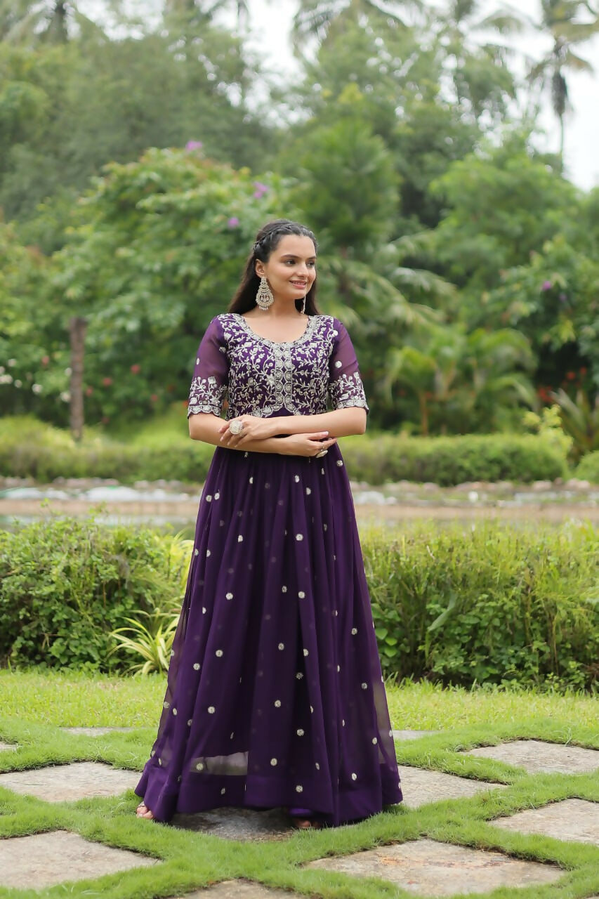 Vastranavya Premium Designer Faux Blooming with Embroidery Zari Sequins work Gown - Purple