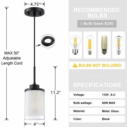 Doraimy 3-Pack 3.9" Grey Glass Pendant Lights Black Finish Modern Farmhouse