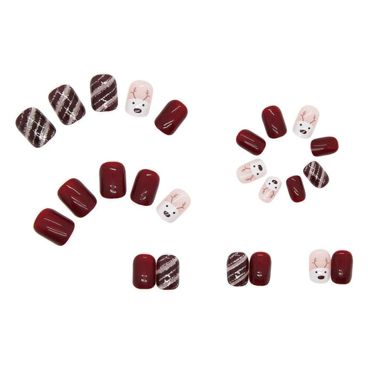 Christmas Acrylic Press On Nails Short Square Red Full Cover Cute Elk Glitter