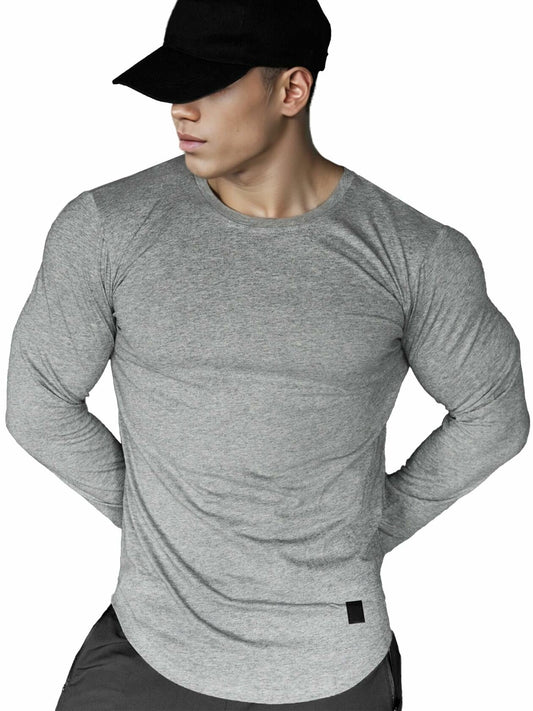 Comdecevis Muscle Big Tall T Shirt Men Gym Workout Long Sleeve Light Grey 3XL