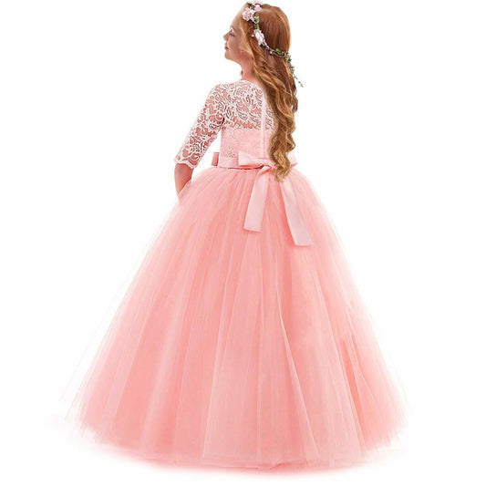 ABEHIK Flower Girls Lace Tulle Communion Dress Pink Size 2-3T