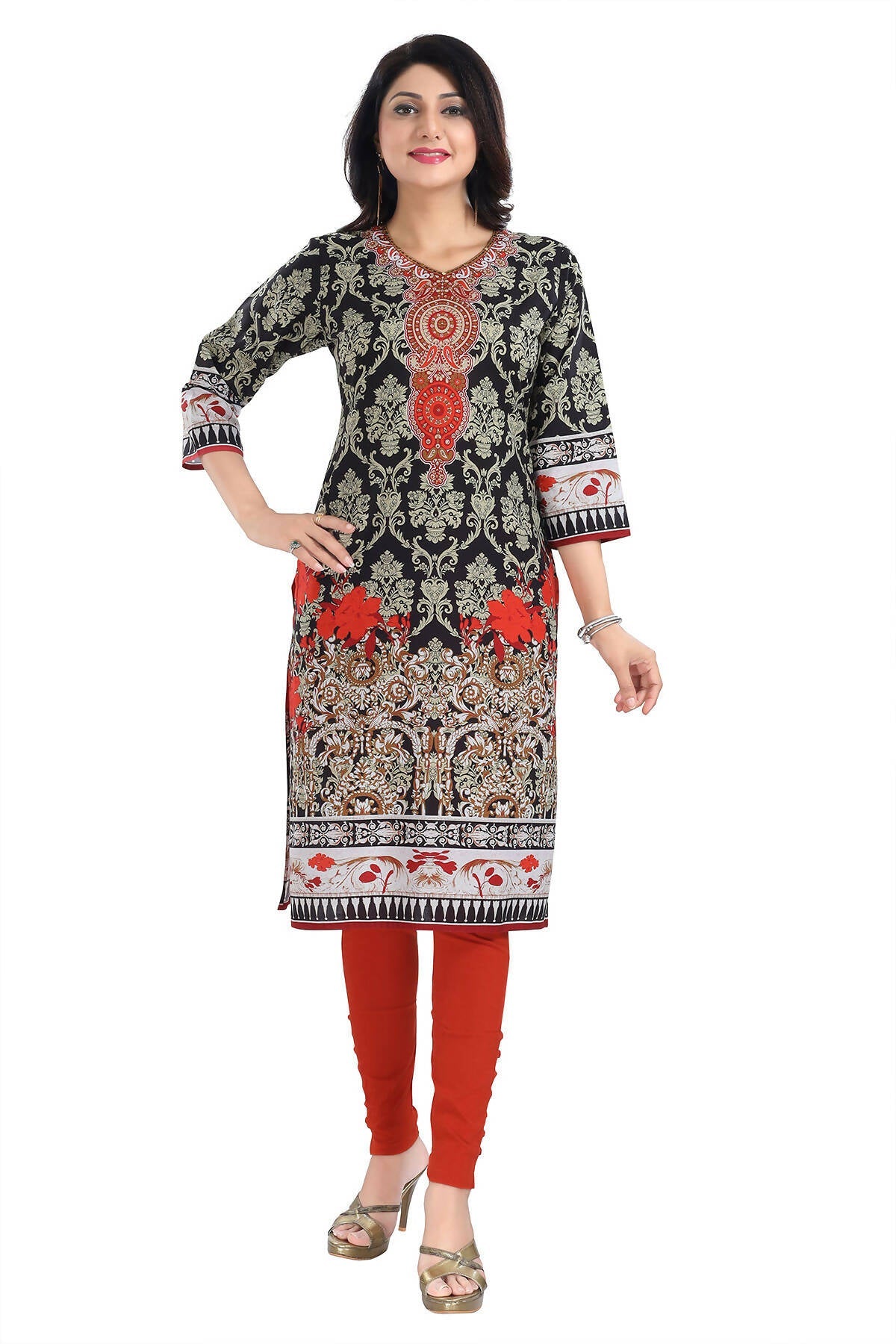 Snehal Creations Deep Black Designer Digital Print Cotton Slub Fabric Long Kurti Tunic