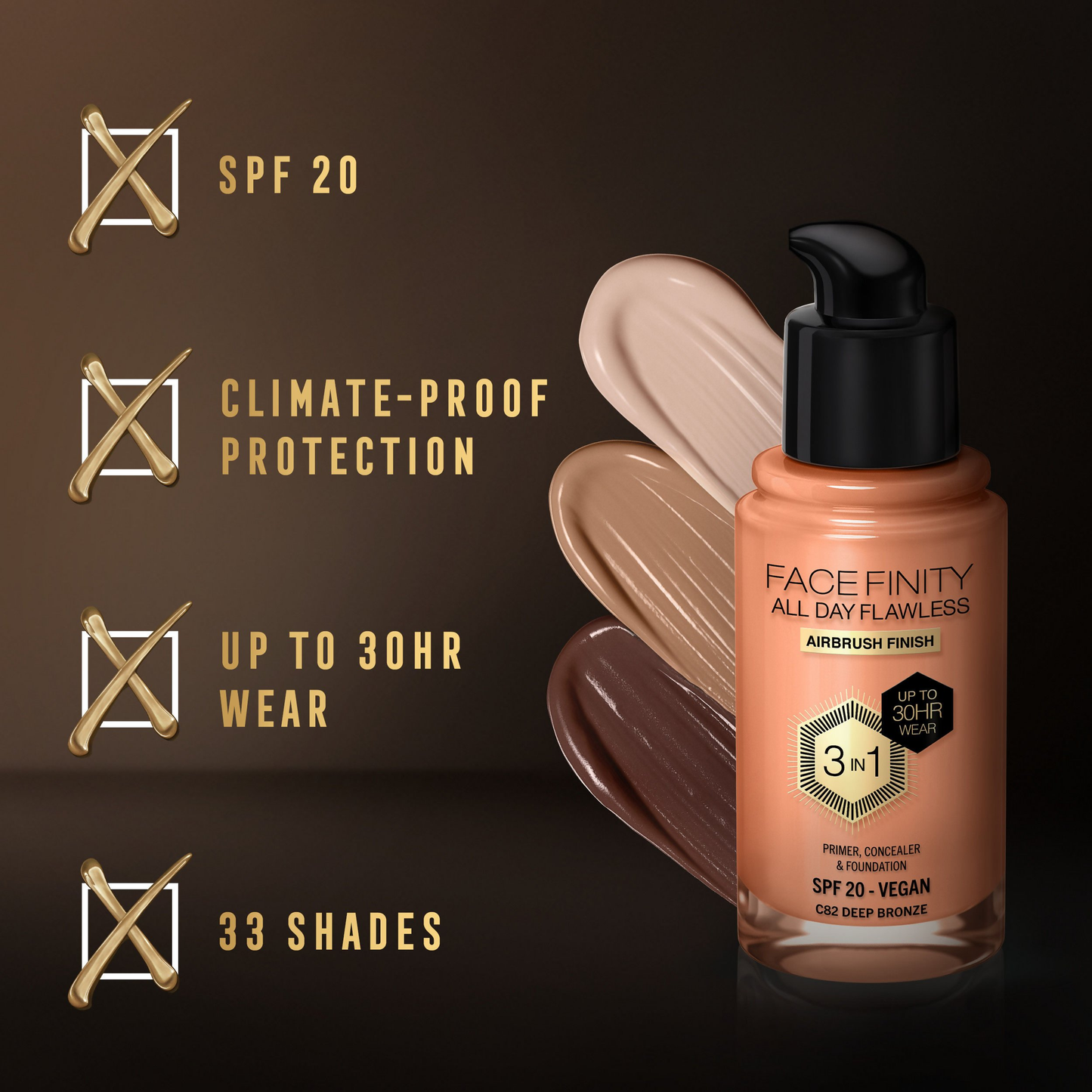 Max Factor Face Finity All Day Flawless 3 In 1 Foundation - 82 Deep Bronze