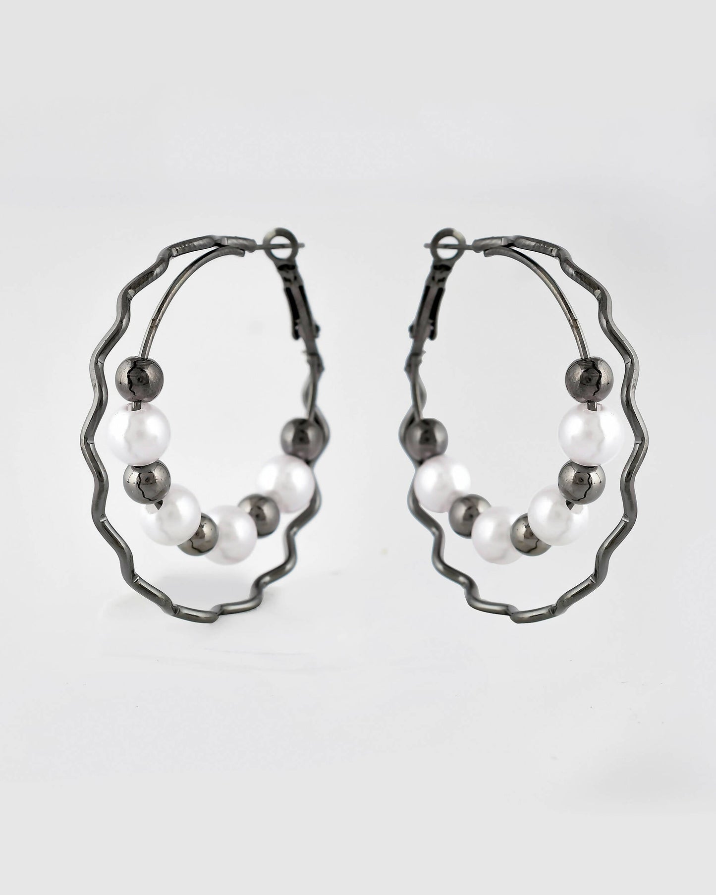 VOJ Women Rhodium-Plated Pearl Stainless Steel Hoop Earrings