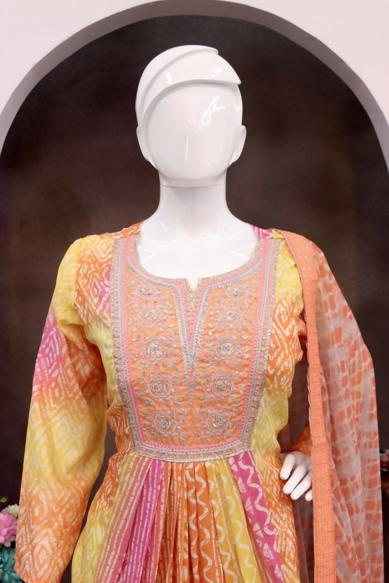 Vastranavya Pink Muslin Printed Sequins Beads Work Abaya Style Anarkali Suit