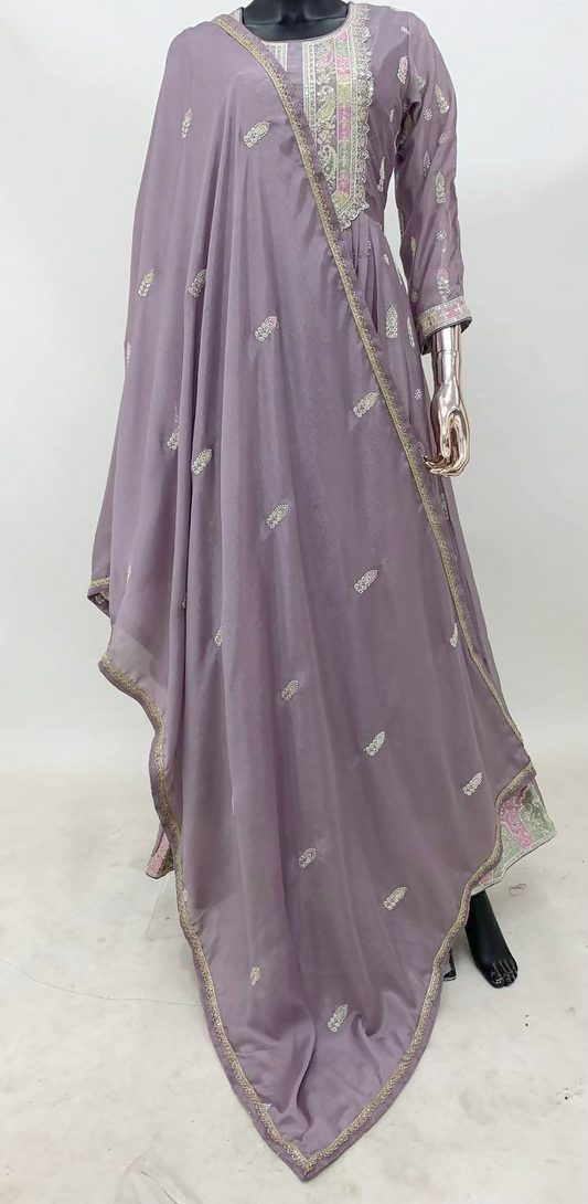 Lorenvalley Fashion Lavender Chinon Embroidery With Sequince Work Gown Stitched
