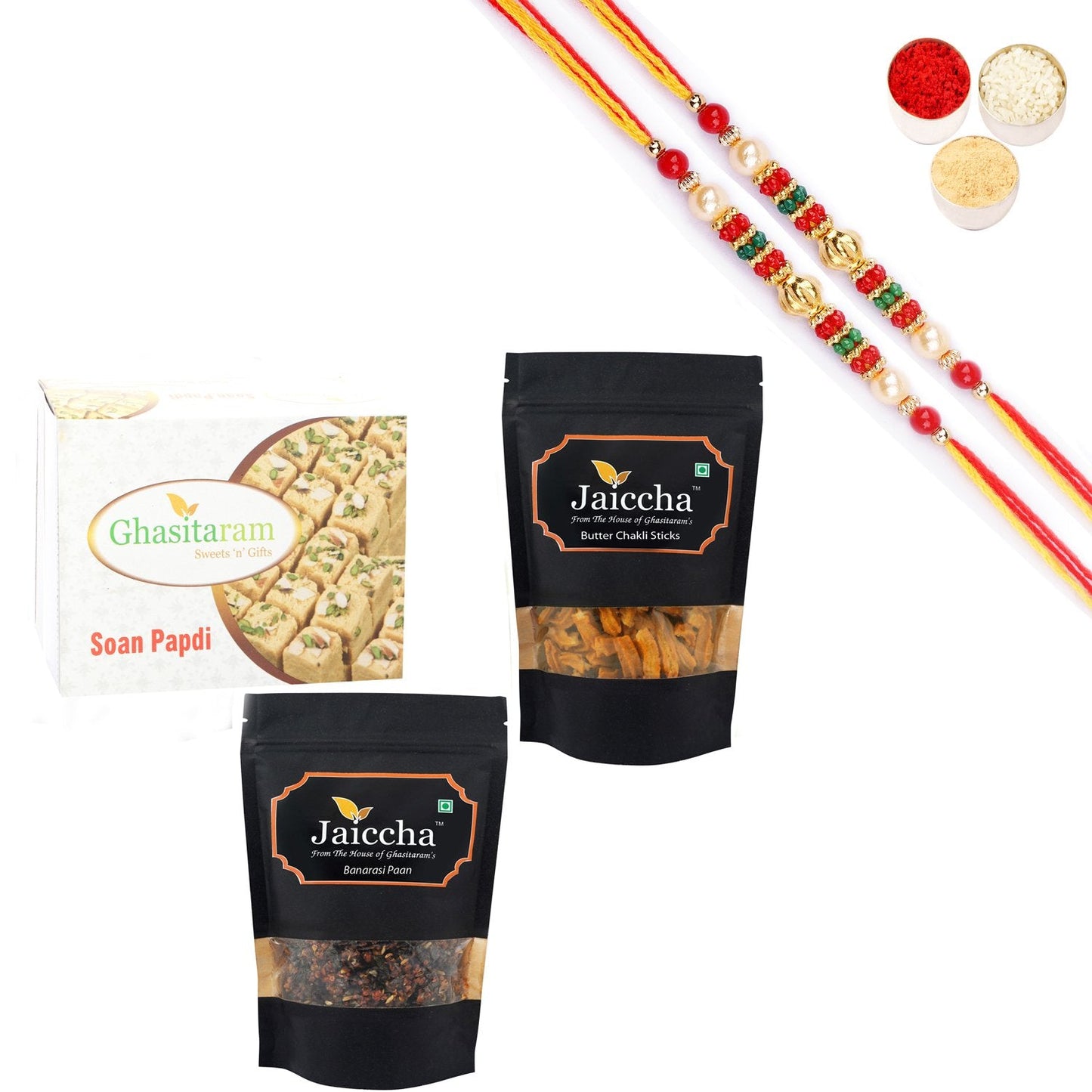 Ghasitaram Soan Papdi,Butter Chakli Sticks and Banarsi Paan With Pearl Beads Rakhi
