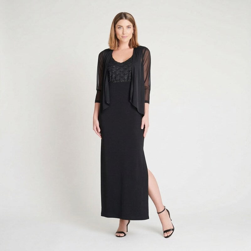 Connected NINA BLACK EYELASH METALLIC FLOOR-LENGTH DRESS, Size 6