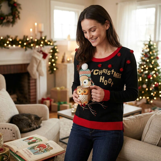 Blizzard Bay Womens Christmas Hoot Pullover Black, Size Large