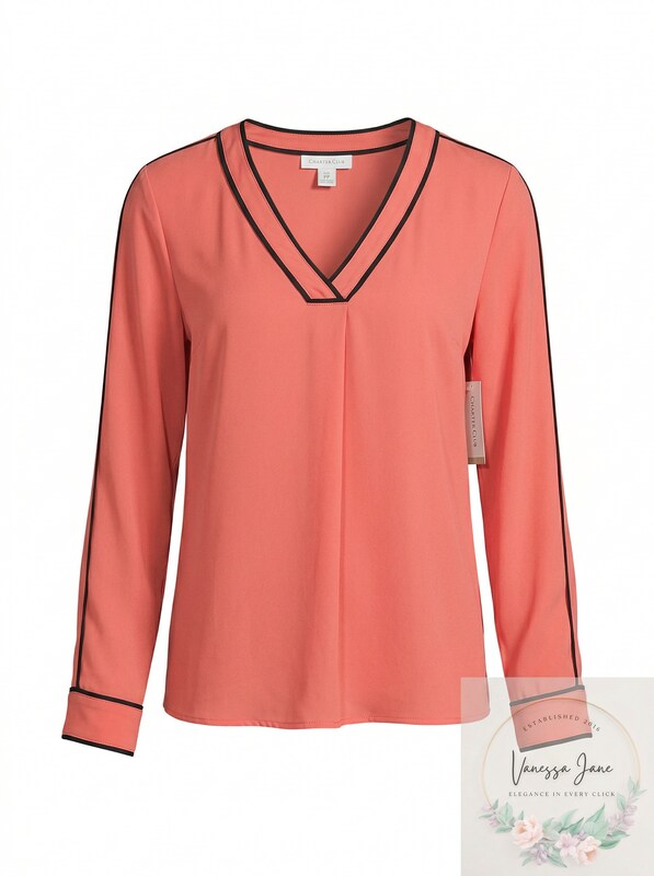 Charter Club Petite Contrasting-Trim V-Neck Top Size PP Soft Coral