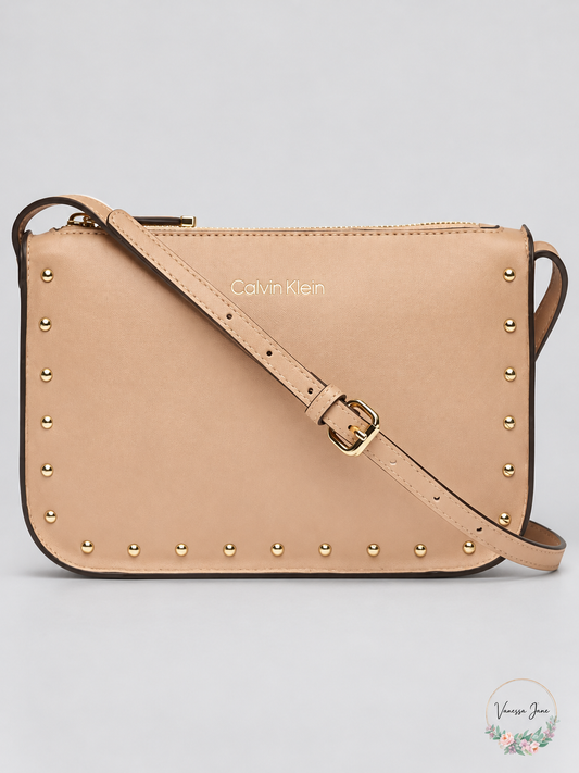 Calvin Klein Cashew Tan Crossbody Shoulder Bag Studs Top Zip Medium
