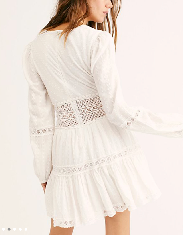 Free People The Delightful V-Neck Long Sleeve Mini Dress Ivory, Size 6