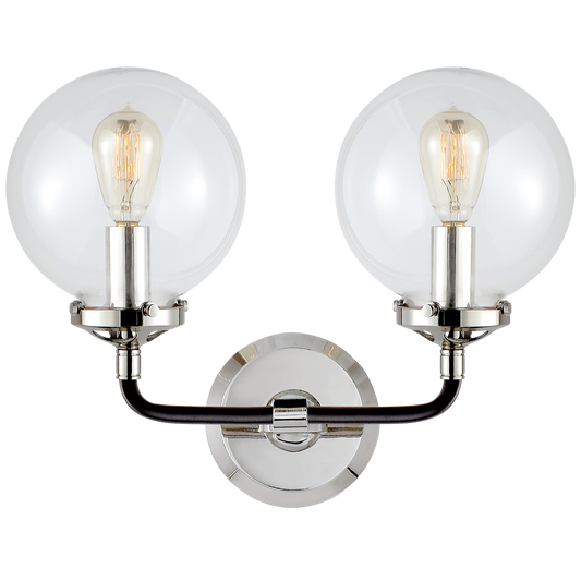 Bistro Double Light Curved Sconce Polished nickel and Black with Clear