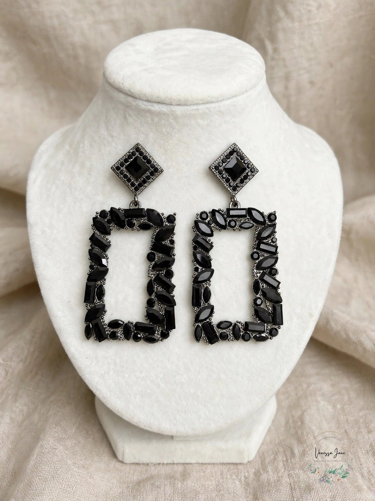 Christian Siriano NYC Abstract Crystal Rectangle Drop Post Earrings Glass Stones
