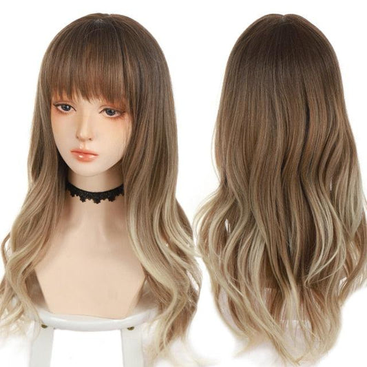 Synthetic Wigs For Women Daily Cosplay Long Water Wave Lolita Wig With Bangs Cold Brown Heat Resistant Hair Bob Wigs For Black Women Cosplay Wigs For Women Gifts for Girlfriends