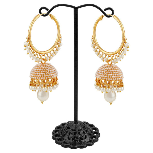 Gold-Polished Alloy Pearl Studded Round Hoop Jhumki Earrings - The Pari