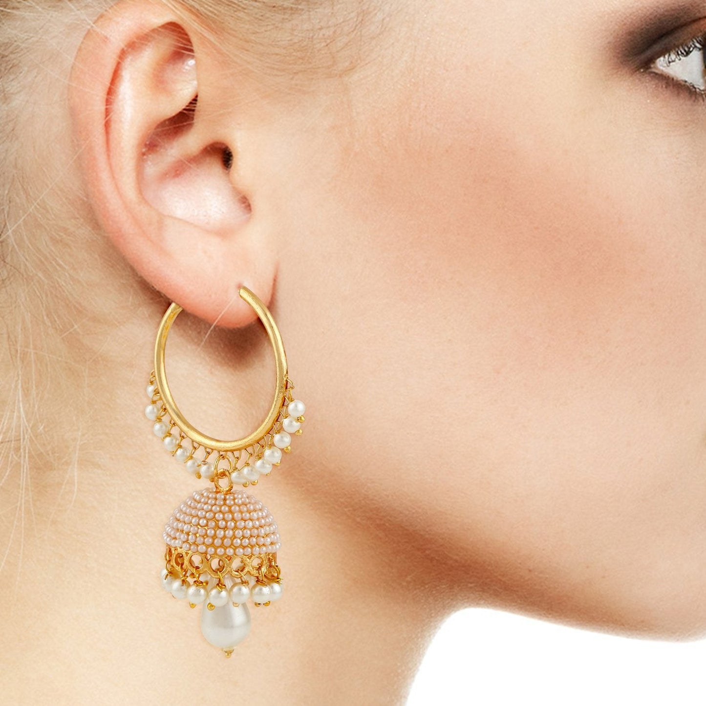 Gold-Polished Alloy Pearl Studded Round Hoop Jhumki Earrings - The Pari