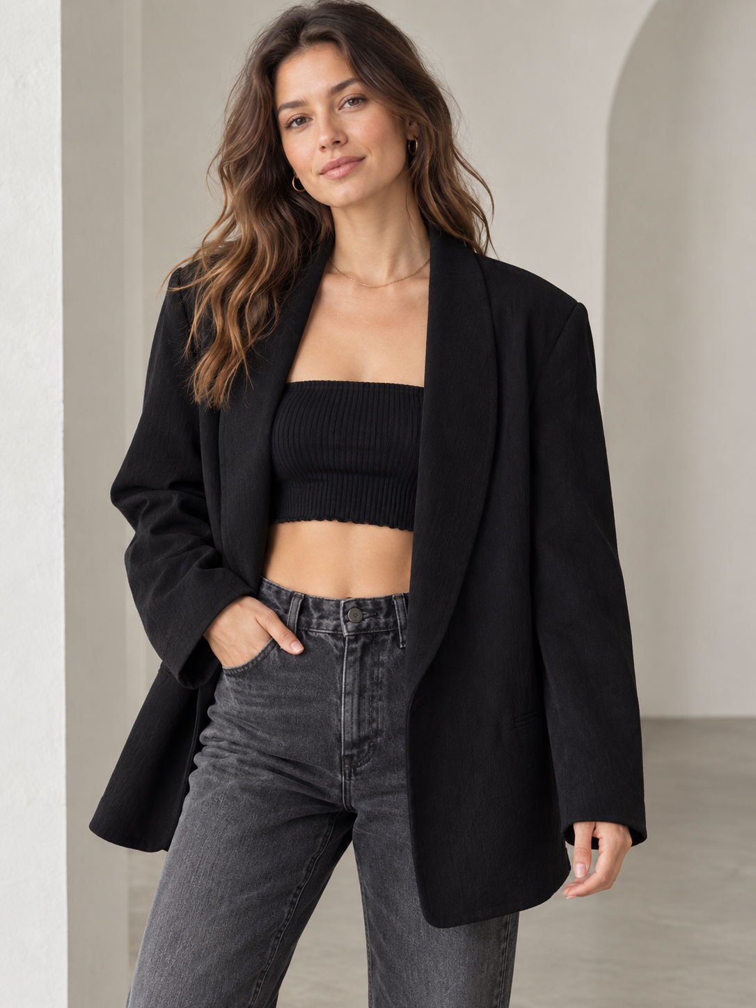 Free People Womens Rowan Double-Breasted Blazer – Black – Size Medium