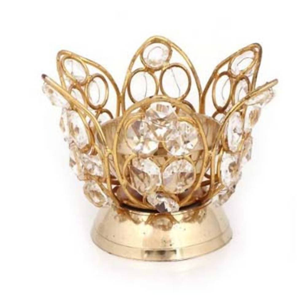 Puja N Pujari Brass Metal Gold-Polished Handcrafted Crystal Diya
