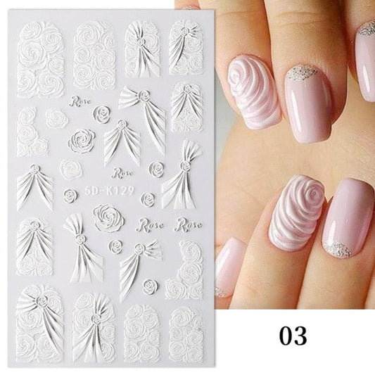 White Embossed Flower Lace 5D Sticker Decal Wedding Nail Art Designs Floral Flower Transfer Decal Geometry 3D Wave Design Decoration for Women Girls Tape Nail Art Stickers Decal Decoration Geometry Transfer Decals Nail Art Decorations Decoration Decal