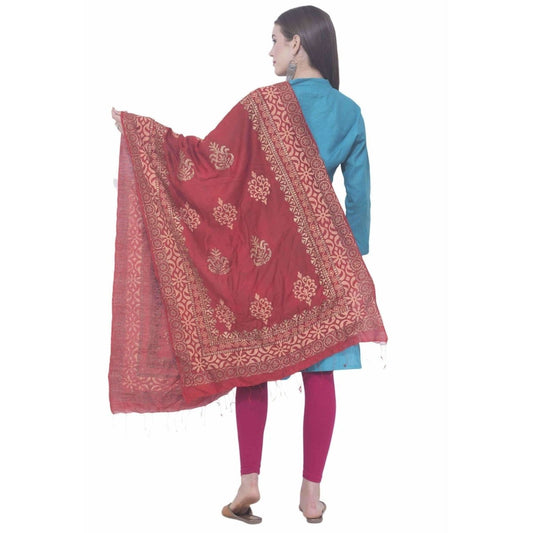 A R Silk Mehroon Color Chanderi gold print Chanderi cotton Dupattas & Chunnis