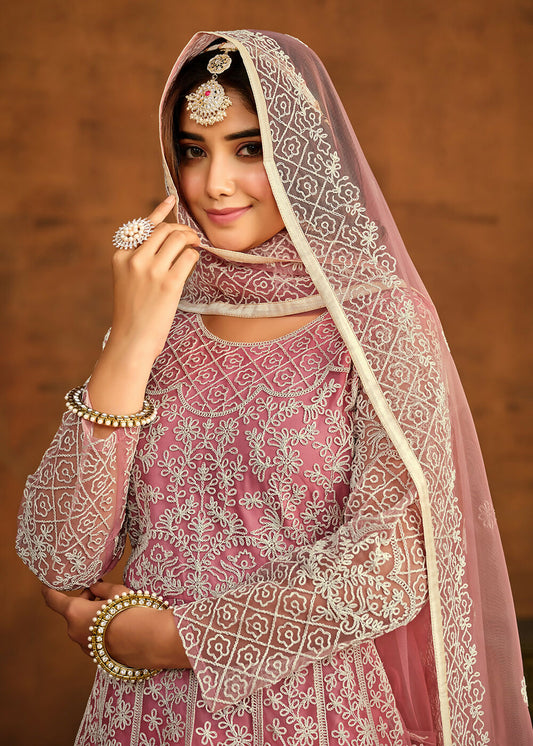 Pink All Over Embroidered Net Wedding Anarkali Suit - Emponline