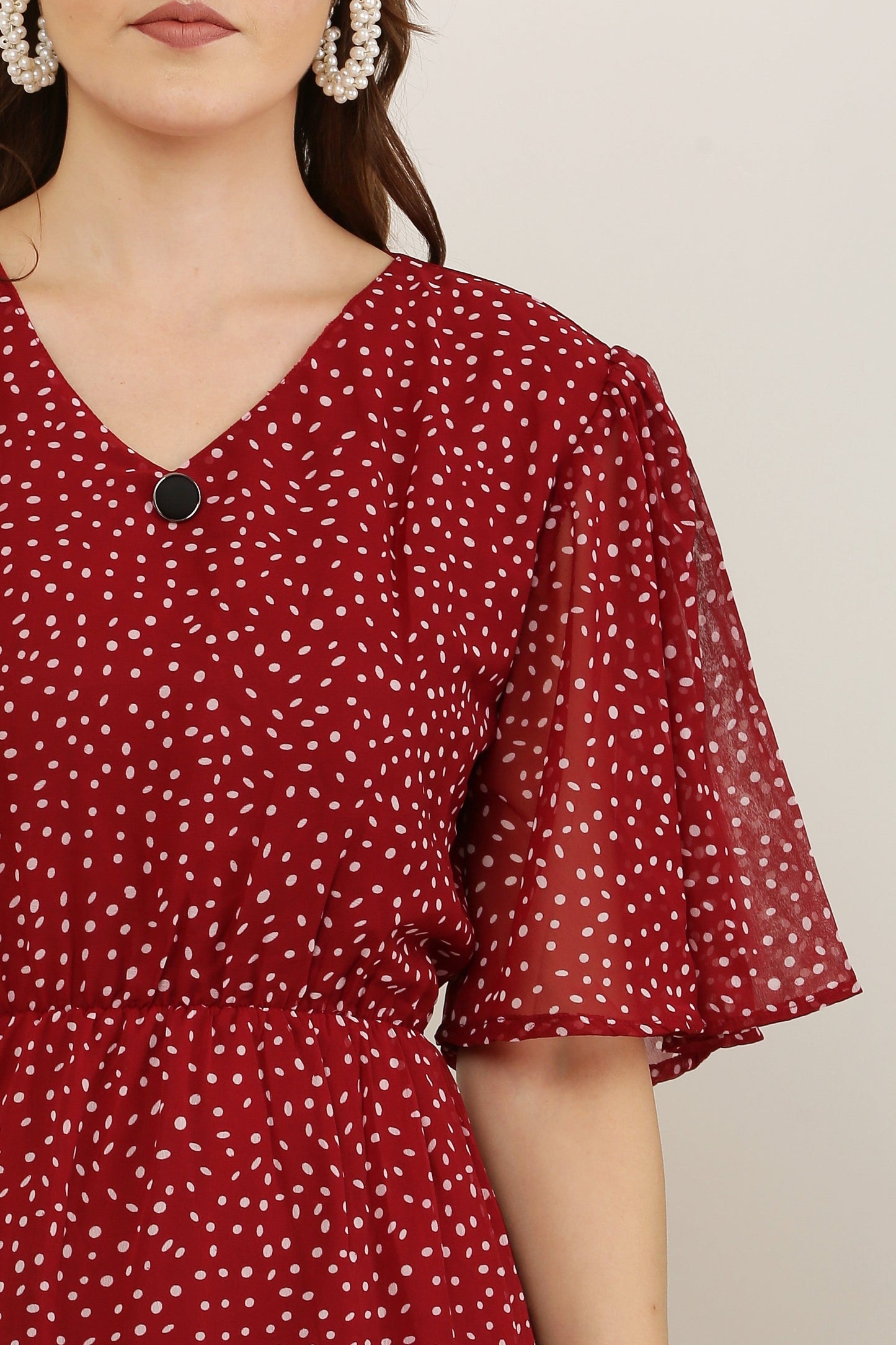 PAVONINE Micro Dots V-Neck Georgette Fabric Maroon Dress For Women