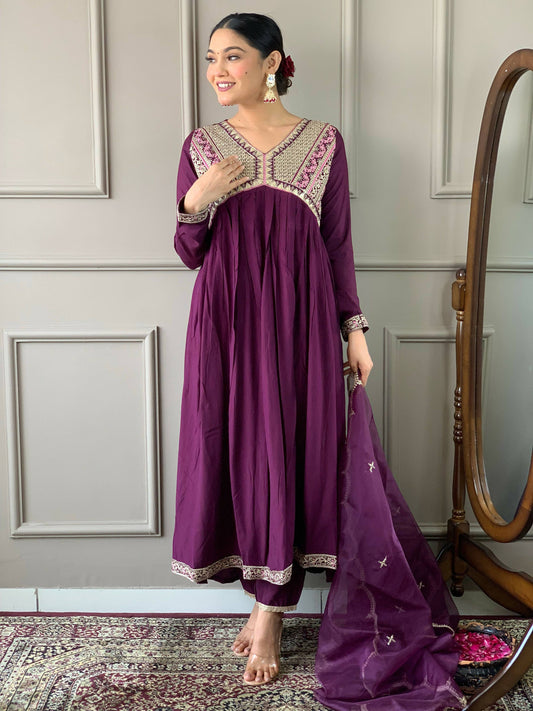 Partywear Designer Viscose Wine Stitched Suit With Dupatta - Tanisha