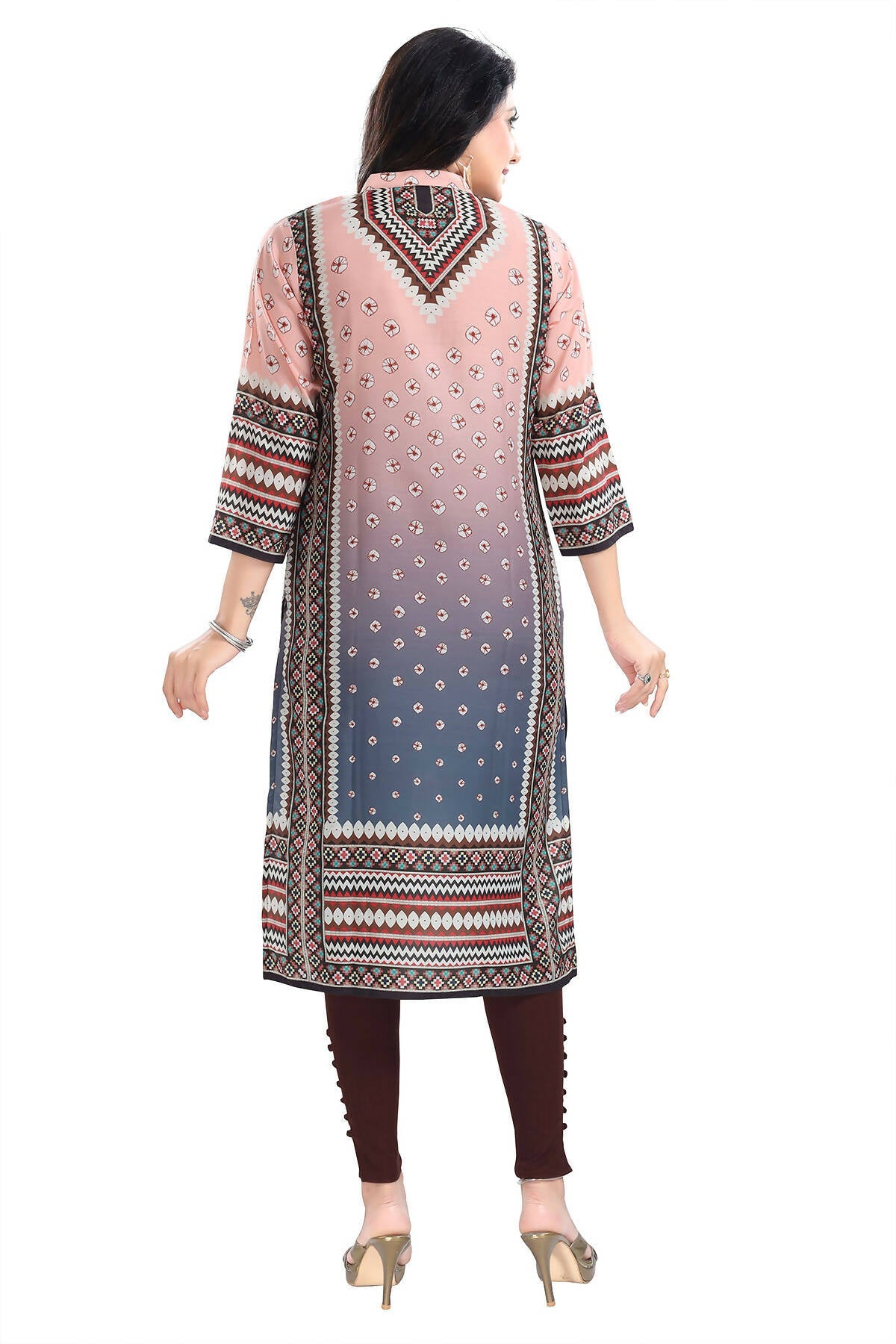 Snehal Creations Pinky Peach Designer Digital Print Masleen Fabric Long Kurti Tunic