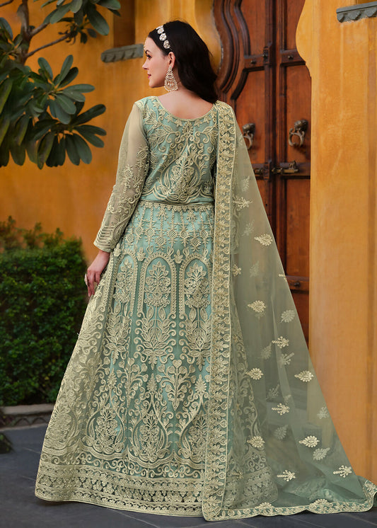 Light Green Pure Butterfly Net Wedding Wear Anarkali Suit - Emponline