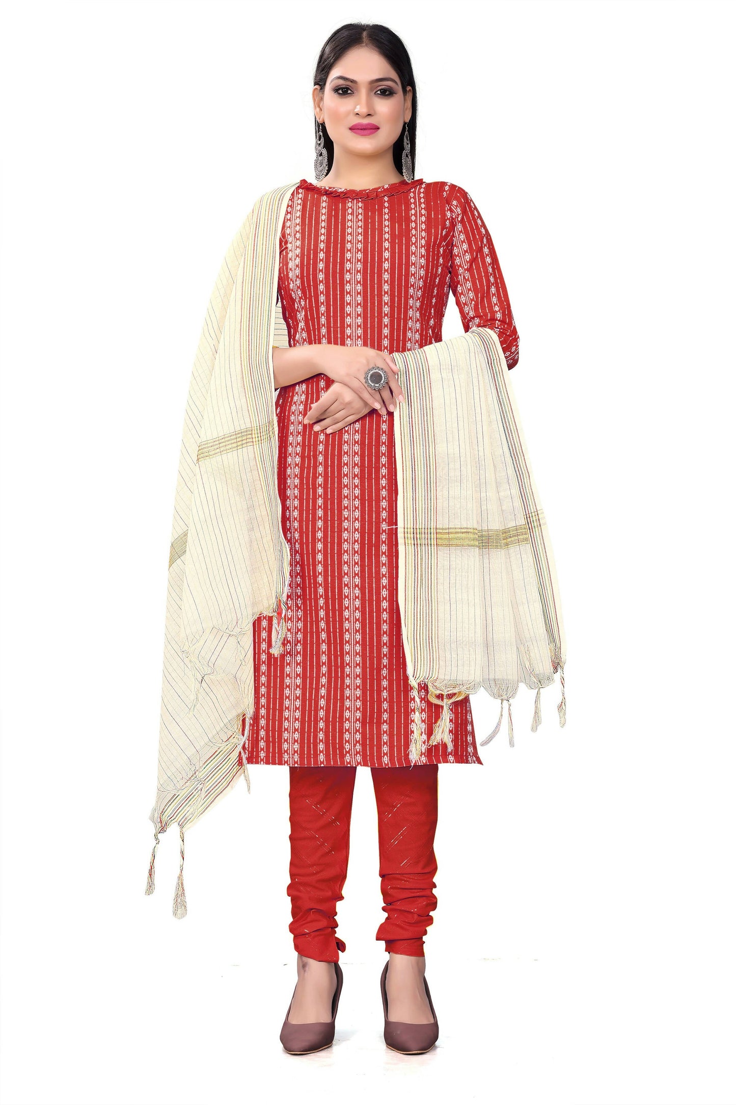Red Cotton Jacquard Woven Unstitched Dress Material - Amara