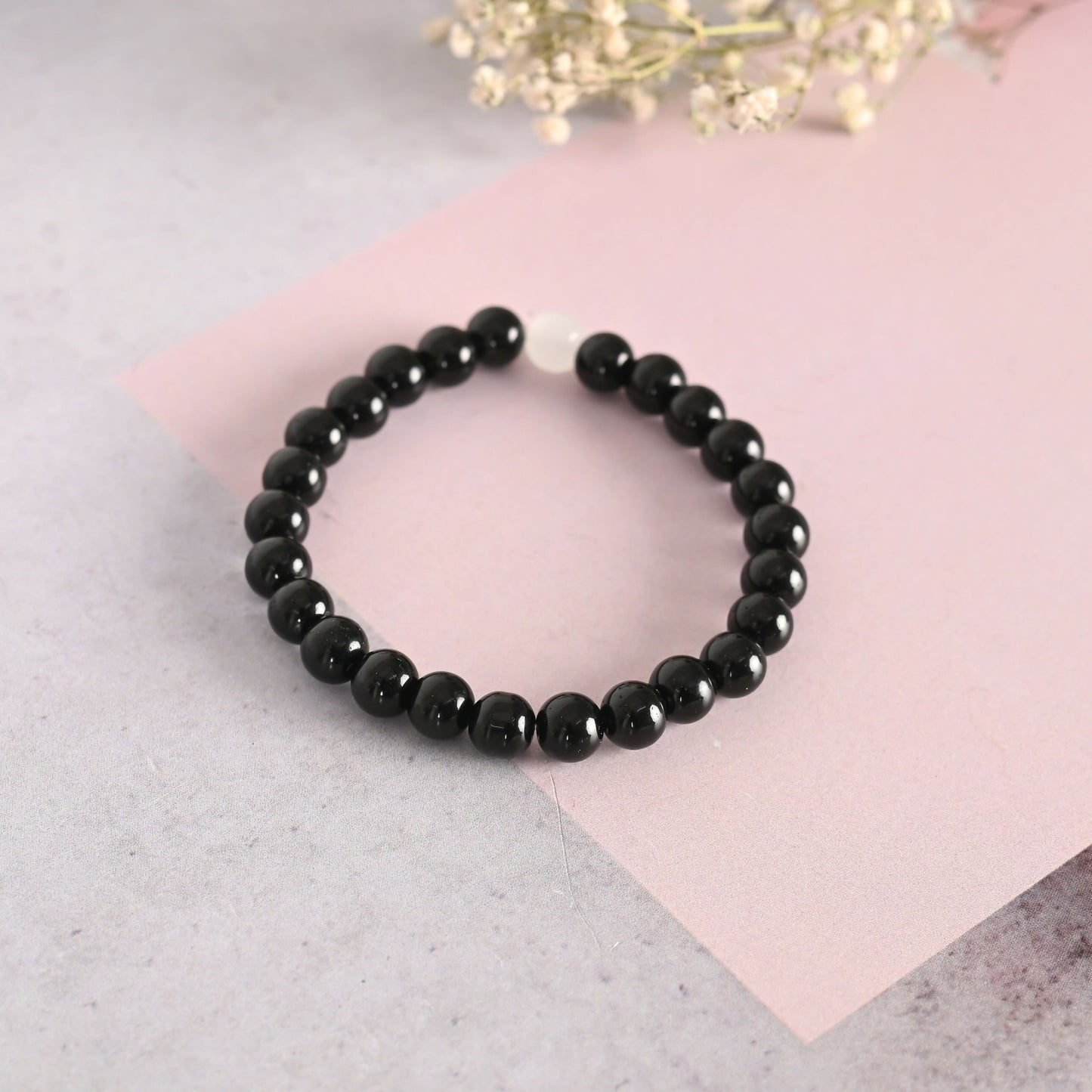 NVR Men & Women Black Marble Crystal Beaded Elasticated Bracelet