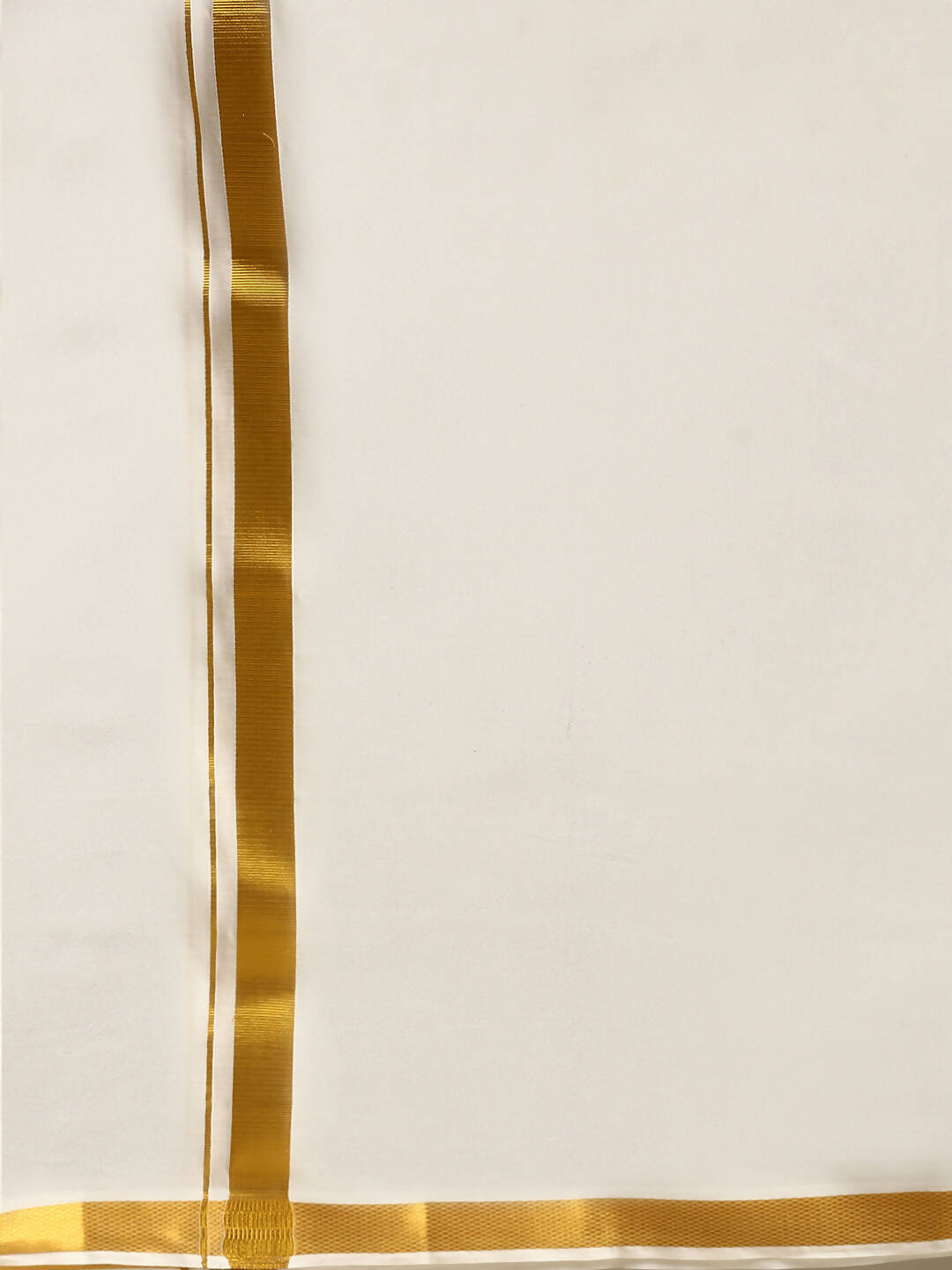 Ramraj Cotton 2 In 1 Set For Mens Readymade Cream Double Layer Pocket Dhoti With 3/4 Inch Golden Jari And Towel