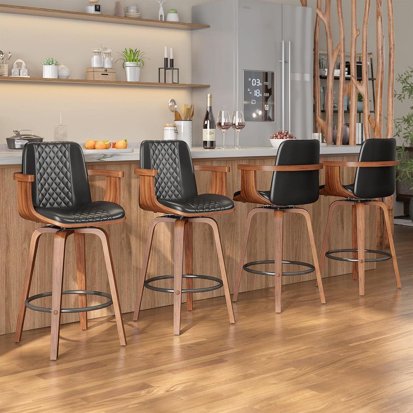 Set Of 3 26 Inch Bar Stools Black PU Leather Upholstery