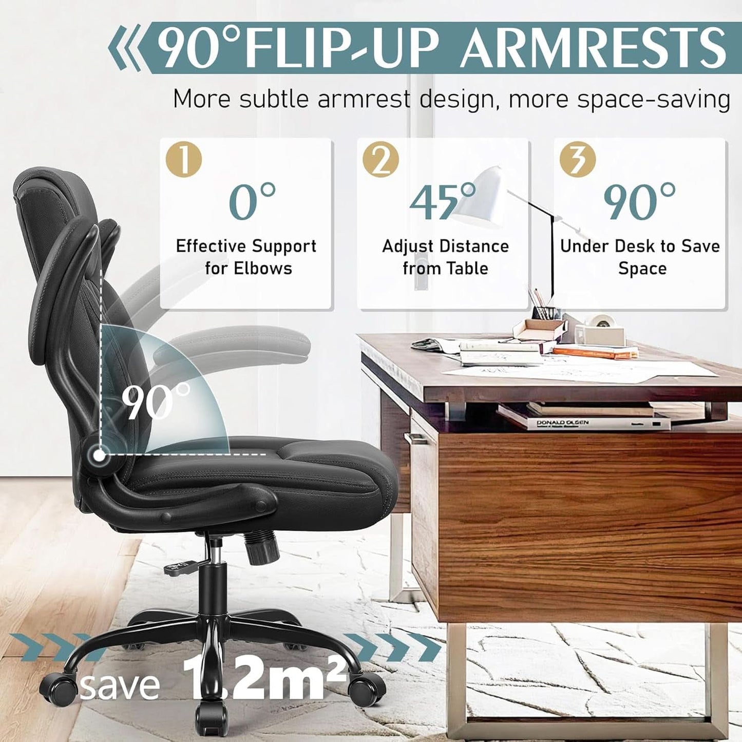 Ergonomic Leather Office Chair Adjustable Armrests Black